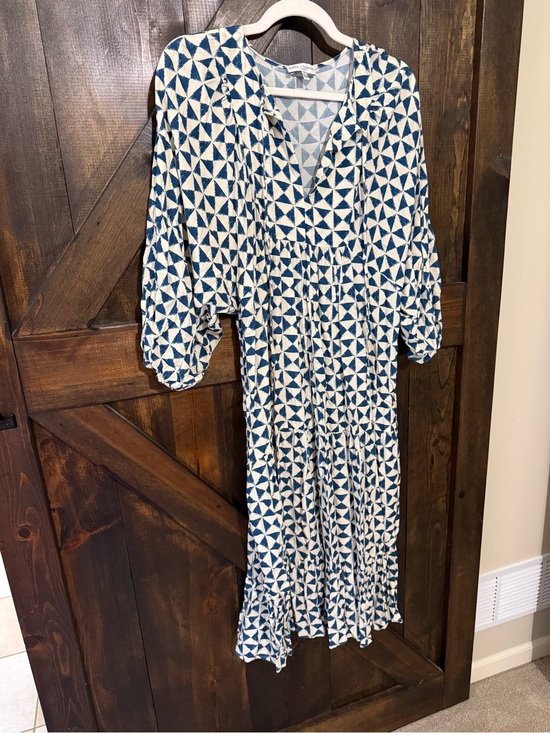 Koko + Mason Dresses & Skirts - V-Neck Blue & White Geometric Tiered Midi Dress